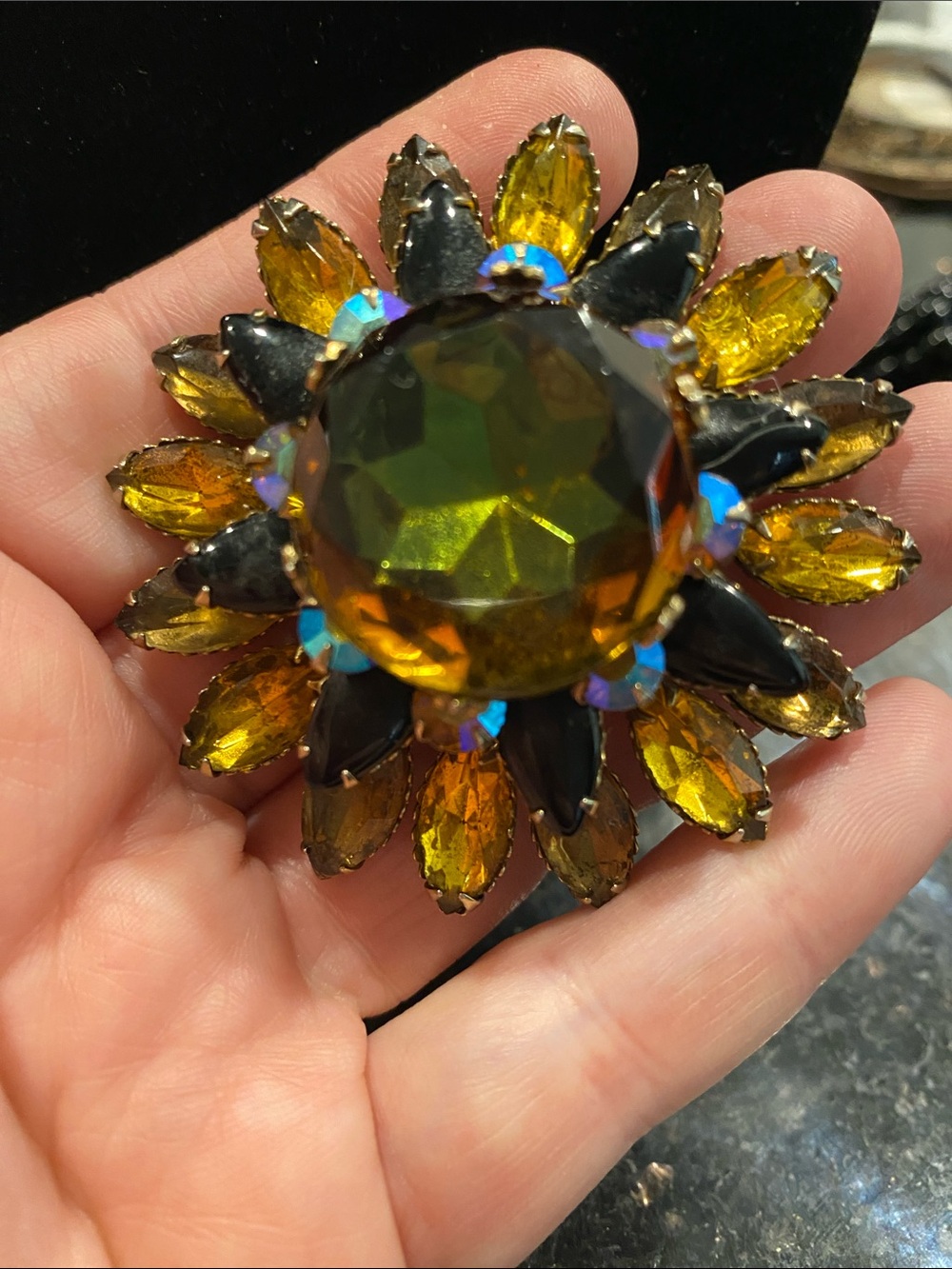 Vintage Kramer Style Golden Amber Rhinestone Flower Brooch